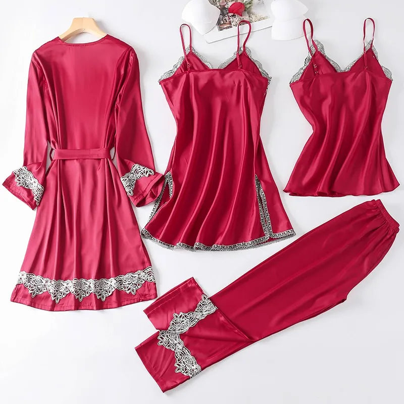 Casual Women Sleepwear Satin Pajamas 4PCS PJS Set Sexy Nightwear Kimono Bathrobe Gown Lace Intimate Lingerie Soft Homewear