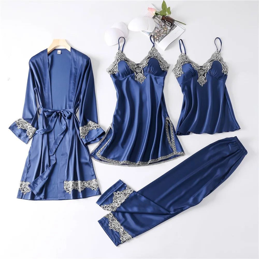 Casual Women Sleepwear Satin Pajamas 4PCS PJS Set Sexy Nightwear Kimono Bathrobe Gown Lace Intimate Lingerie Soft Homewear