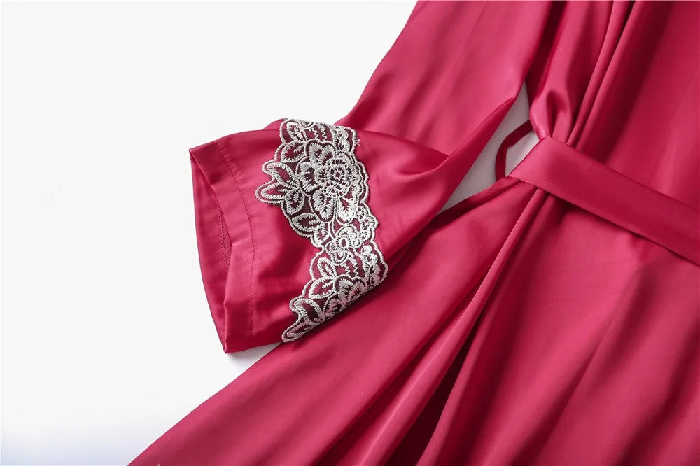 Casual Women Sleepwear Satin Pajamas 4PCS PJS Set Sexy Nightwear Kimono Bathrobe Gown Lace Intimate Lingerie Soft Homewear