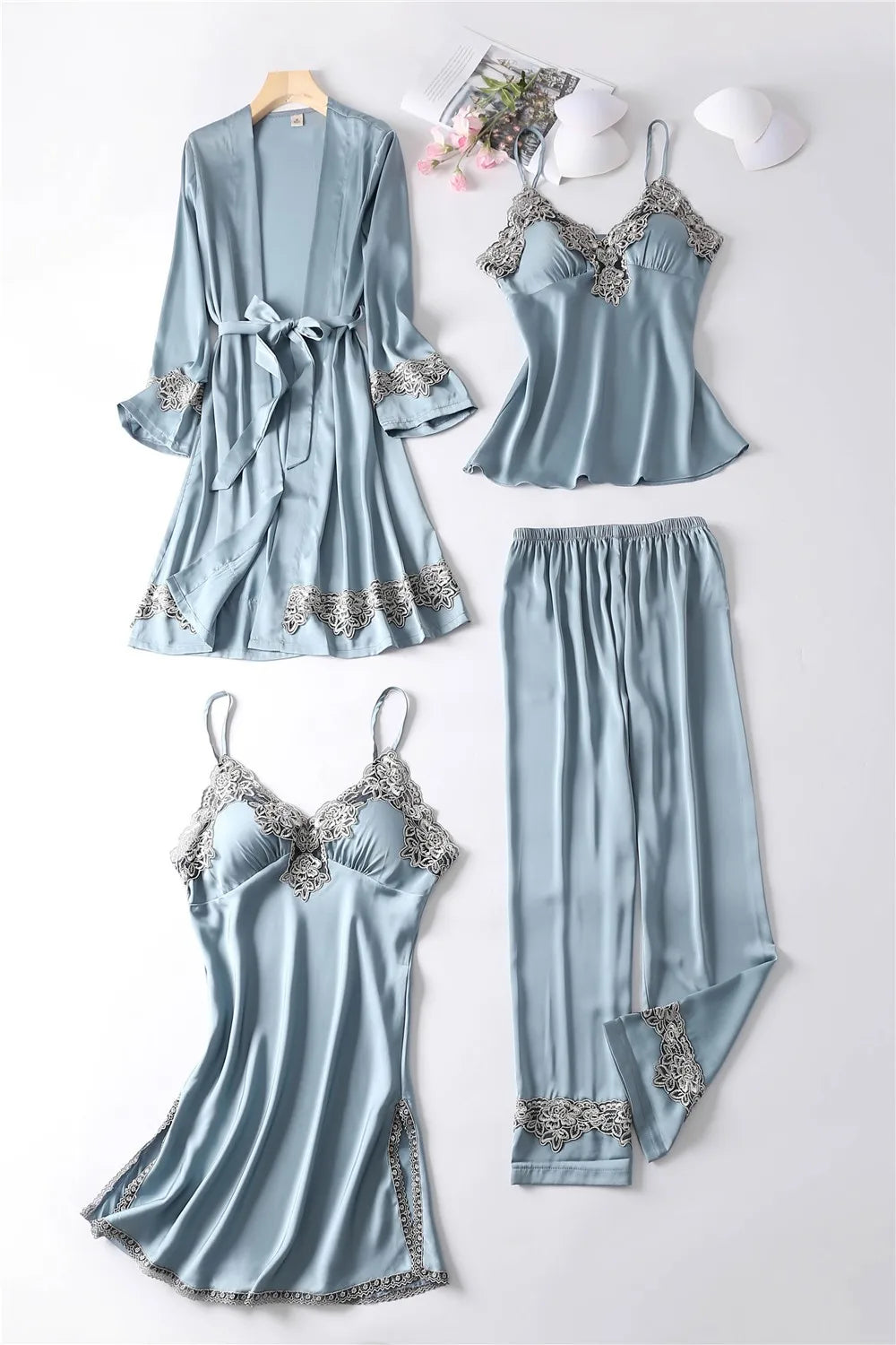 Casual Women Sleepwear Satin Pajamas 4PCS PJS Set Sexy Nightwear Kimono Bathrobe Gown Lace Intimate Lingerie Soft Homewear