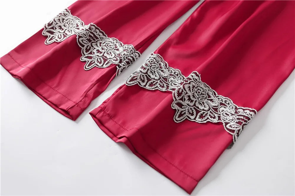 Casual Women Sleepwear Satin Pajamas 4PCS PJS Set Sexy Nightwear Kimono Bathrobe Gown Lace Intimate Lingerie Soft Homewear