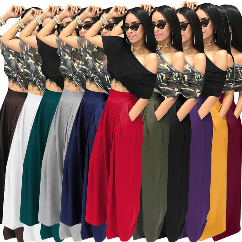 Women Casual Loose Palazzo Pants Autumn High Waisted Wide Leg Trousers Pleated Long Culottes Pants Elastic Waist Trouser Pockets