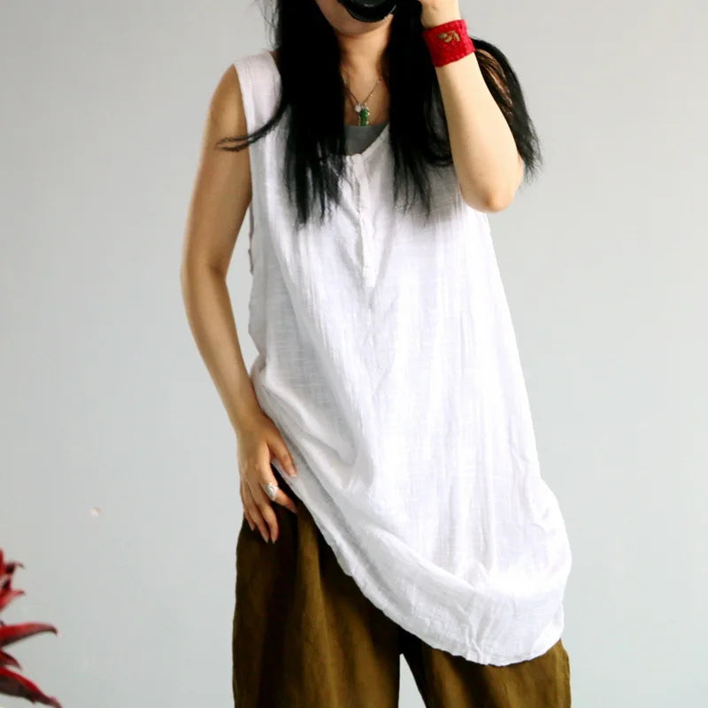 Women Summer Solid Color Cotton Linen Tanks Ladies Loose Sleeveless Tops Female Tanktops 2020