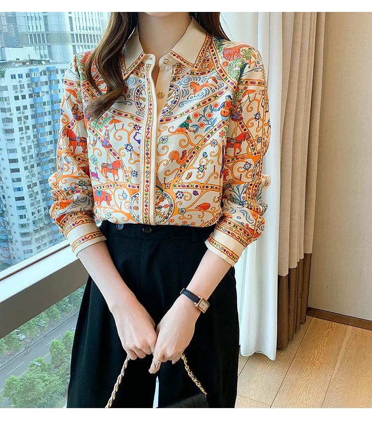 Fashion elegant Women Blouses flower printed ladies shirts New Spring Long Sleeve Tops Blusas Mujer