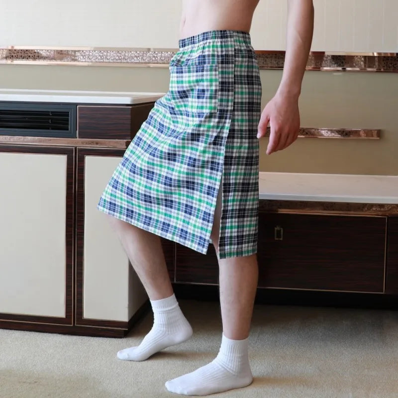 Sexy Pajamas For Men Sleepwear Men British Style Plaid Loose Lounge Pyjama Male Cotton Sleep Bottoms Homme Side Split Nightdress