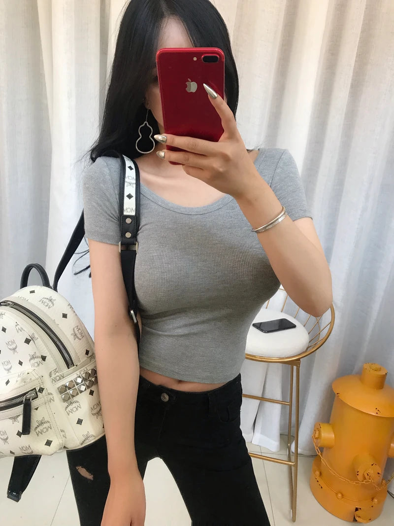 Crop Top Black T Shirts Slim Sexy Basic Short TShirts Femme Club White Women Shirts Harajuku 2026 Summer Short Sleeve Crop Tops