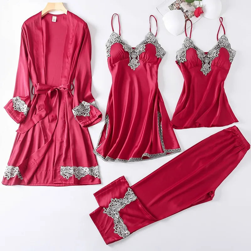 Casual Women Sleepwear Satin Pajamas 4PCS PJS Set Sexy Nightwear Kimono Bathrobe Gown Lace Intimate Lingerie Soft Homewear