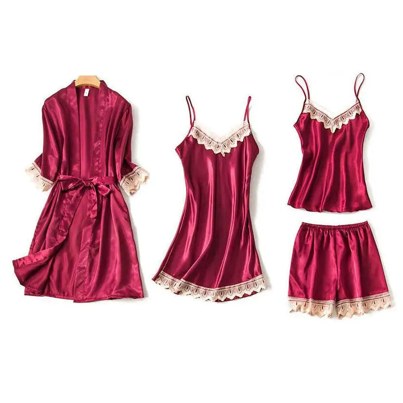 Casual Women Sleepwear Satin Pajamas 4PCS PJS Set Sexy Nightwear Kimono Bathrobe Gown Lace Intimate Lingerie Soft Homewear