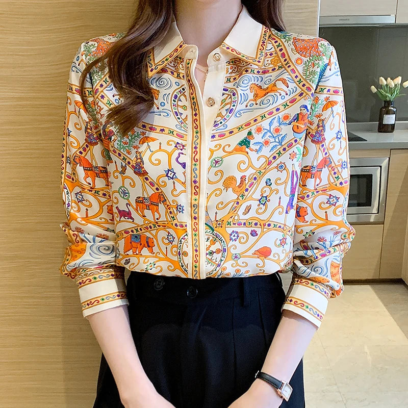 Fashion elegant Women Blouses flower printed ladies shirts New Spring Long Sleeve Tops Blusas Mujer