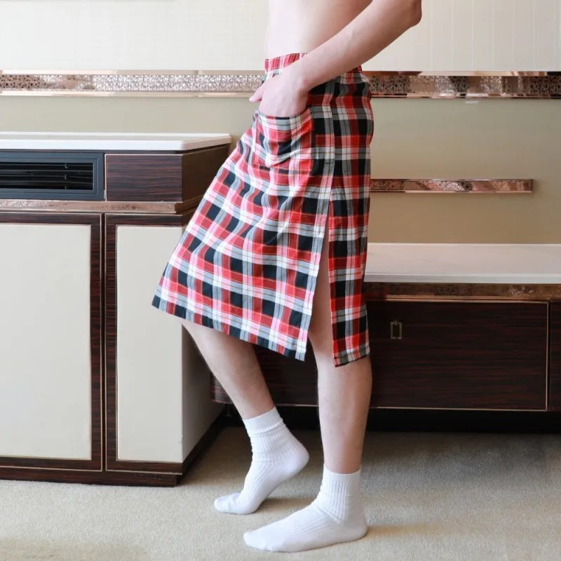 Sexy Pajamas For Men Sleepwear Men British Style Plaid Loose Lounge Pyjama Male Cotton Sleep Bottoms Homme Side Split Nightdress