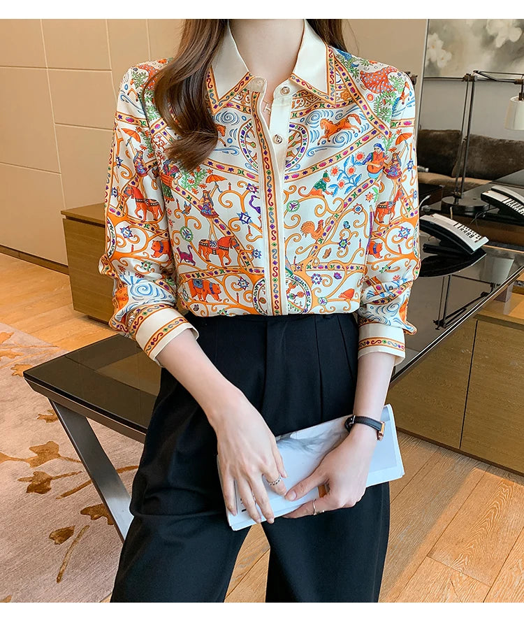 Fashion elegant Women Blouses flower printed ladies shirts New Spring Long Sleeve Tops Blusas Mujer