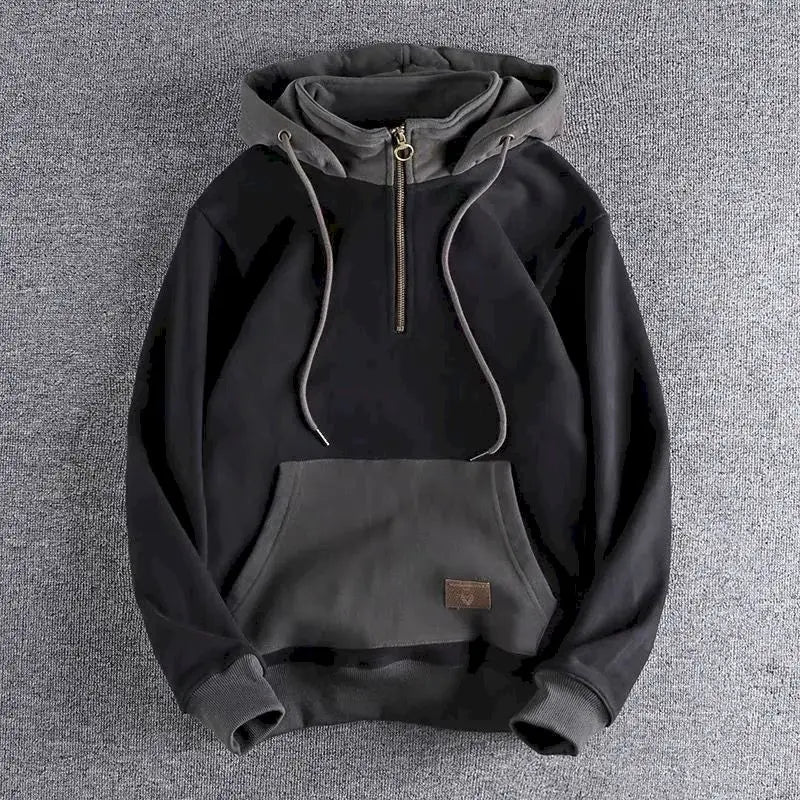 Fonekie Casual Handsome Hoodies Men 2025 Autumn Winter Retro Trend Color Contrast Hooded Jacket Youth Stand-up Collar Mens Coat