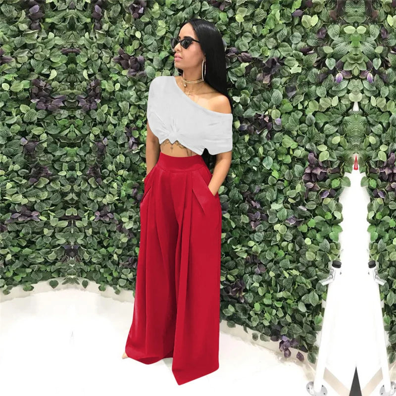 Women Casual Loose Palazzo Pants Autumn High Waisted Wide Leg Trousers Pleated Long Culottes Pants Elastic Waist Trouser Pockets