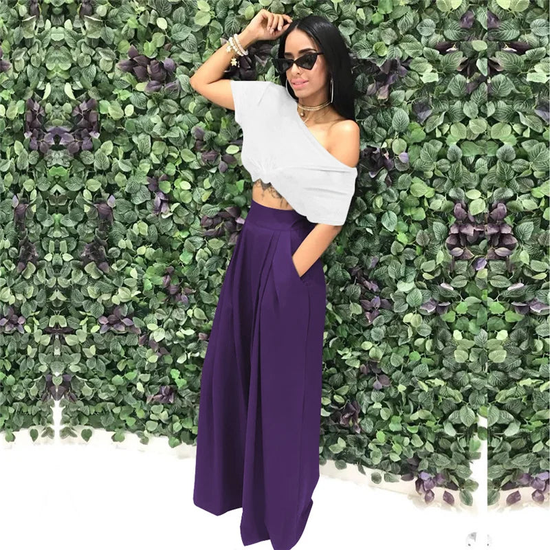 Women Casual Loose Palazzo Pants Autumn High Waisted Wide Leg Trousers Pleated Long Culottes Pants Elastic Waist Trouser Pockets
