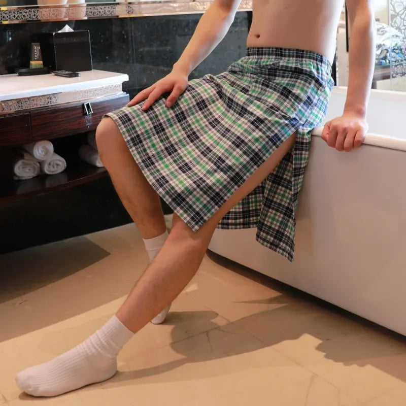 Sexy Pajamas For Men Sleepwear Men British Style Plaid Loose Lounge Pyjama Male Cotton Sleep Bottoms Homme Side Split Nightdress