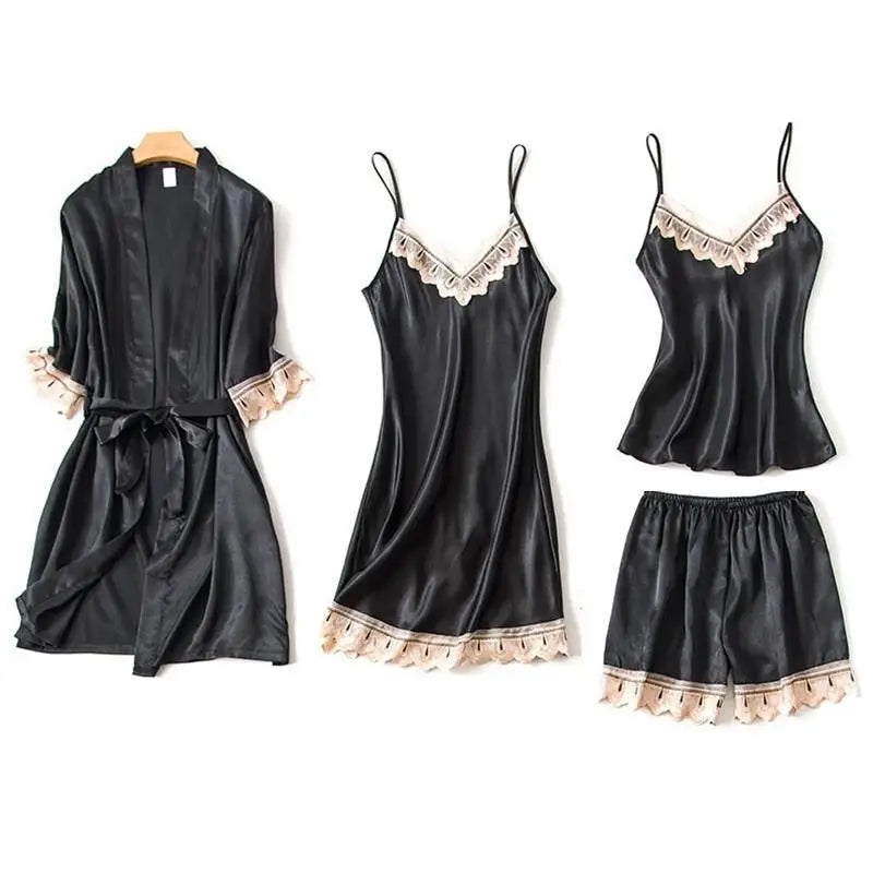 Casual Women Sleepwear Satin Pajamas 4PCS PJS Set Sexy Nightwear Kimono Bathrobe Gown Lace Intimate Lingerie Soft Homewear