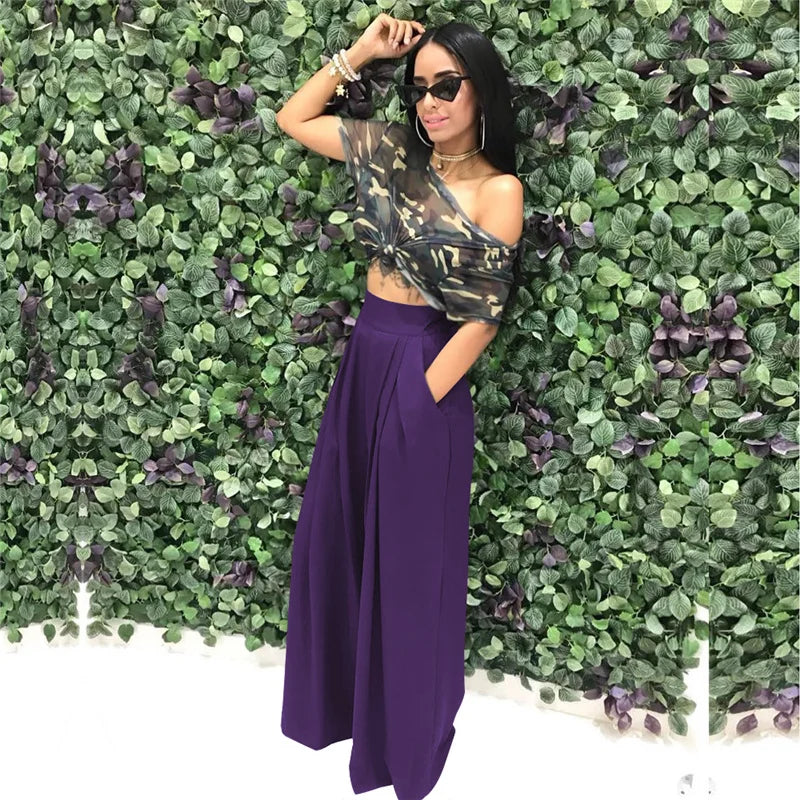 Women Casual Loose Palazzo Pants Autumn High Waisted Wide Leg Trousers Pleated Long Culottes Pants Elastic Waist Trouser Pockets
