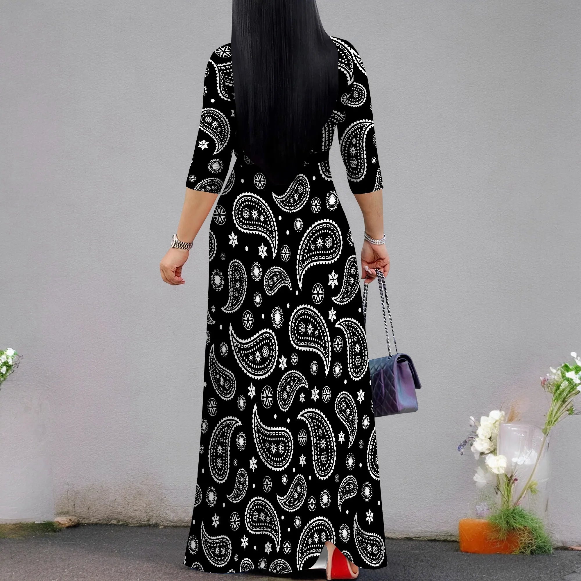 Plus Size Dresses for Women Print Maxi Dresses Flowy 3/4 Sleeve with Belt