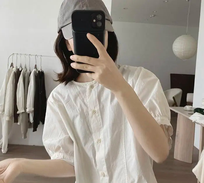 Women Round Neck Blouse Short Sleeve Button Down Loose Casual Solid Color Summer Shirt