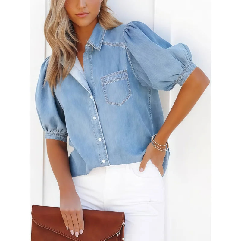 Women’s Casual Short Sleeve Shirt Loose Button Cotton Blouse Lightweight Breathable Summer Office Workwear Elegant Style