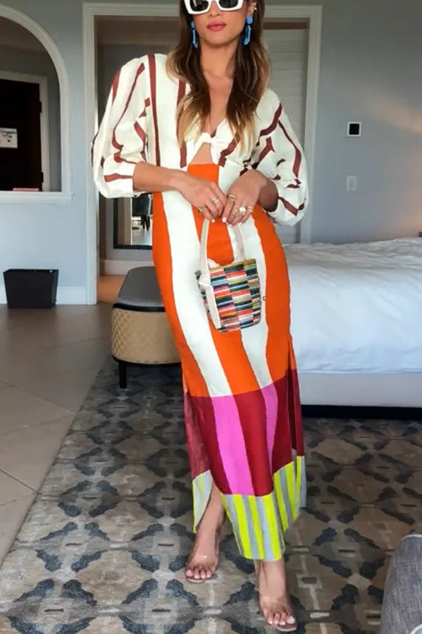 Women Fashion Linen Material Fashion Chic Print Long Party Dresses Sexy V-neck Hollow Out High Waist Party Dress Lady Robes