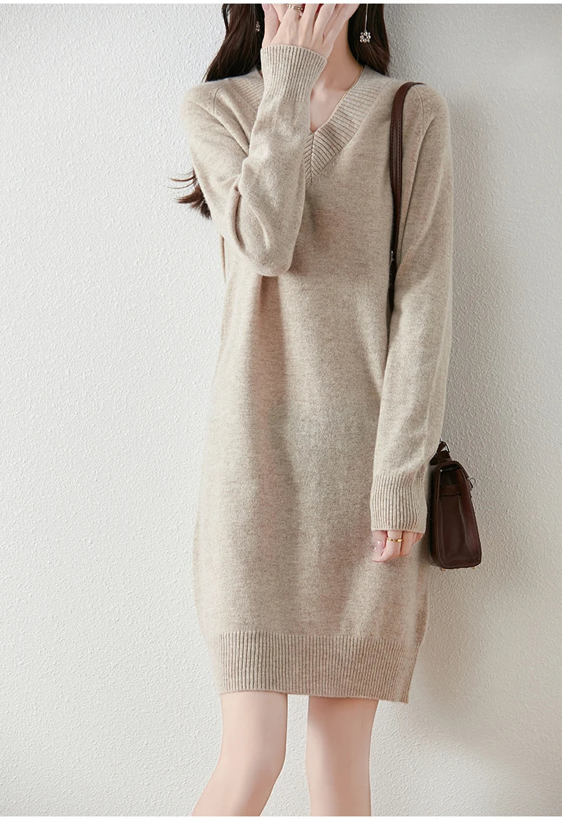 Fashion Autumn Winter Dress Women100%Merino Wool V-neck Long-sleeved Dress Women&