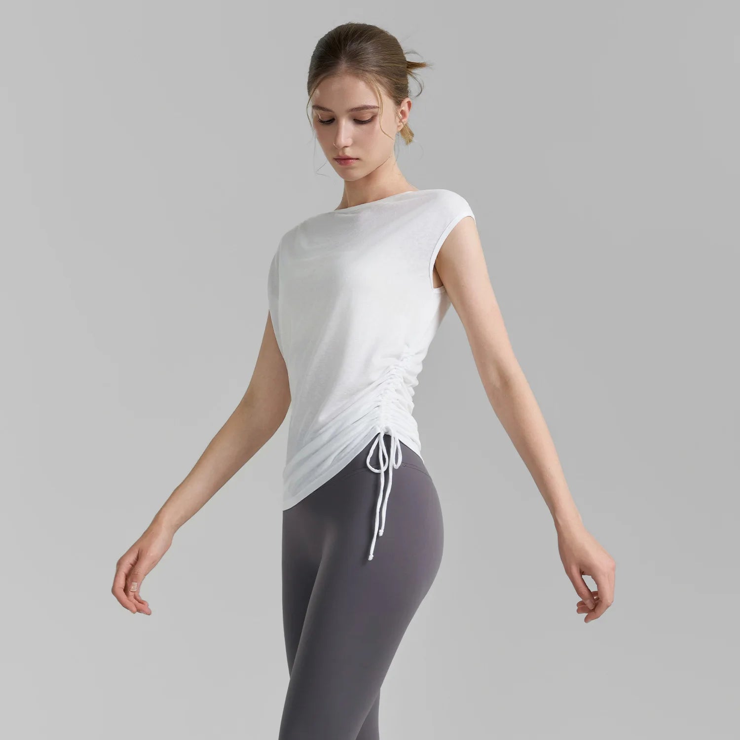 Sleeveless Pleated Cover Shirt with Drawstring, Tight Waist, High-end Feeling, Breathable and Slimming Sports T-shirt