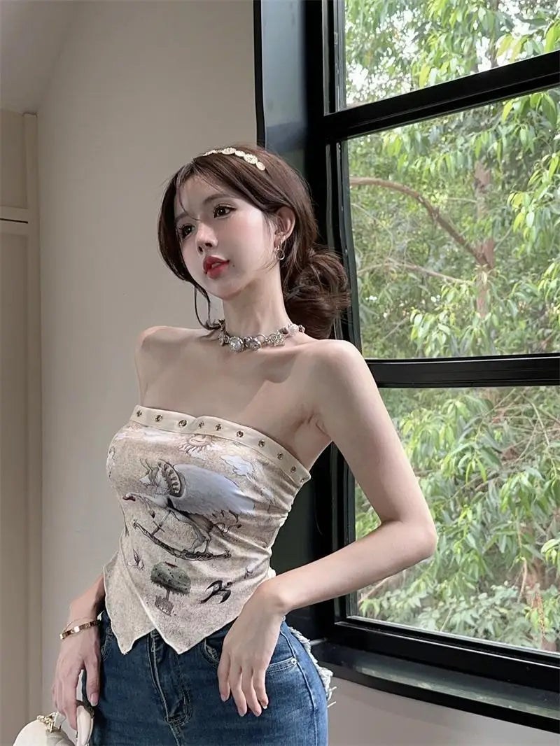 Tanks Women Strapless Vintage Printed Design Summer Crop Tops Irregular Chic Aesthetic Defined Backless Bandage Popular Hotsweet