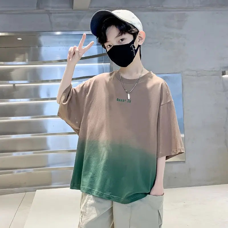 Kids Clothes T Shirt Summer Boys Girls Color Block Gradient Short Sleeve T Shirt Tops Children&