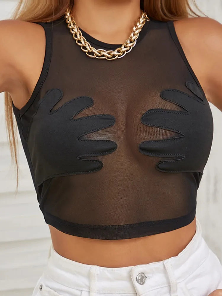 Sleeveless Sexy Tank Top Women Clothing See Through Y2k Accessories O-neck Palms Cute Mini T-shirts Mesh Black Ropa De Mujer