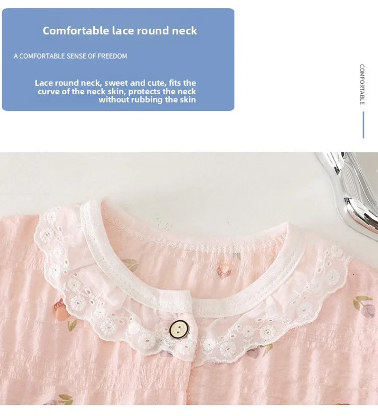 Summer Child Clothing Sets in Air-conditioned Room Girls Breathable Comfortable Long Sleeve Lace Home Clothes Sets Kids Pajamas