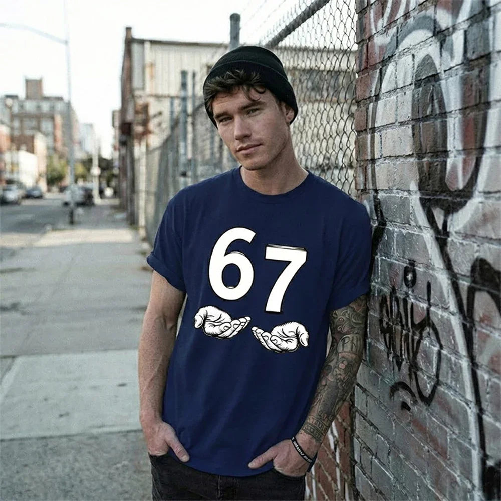 European And American Men T-Shirts Funny Six Seven 67 Meme Gen Alpha Slang 67 Hands Retro Cotton Comfort Short-Sleeve T-Shirt