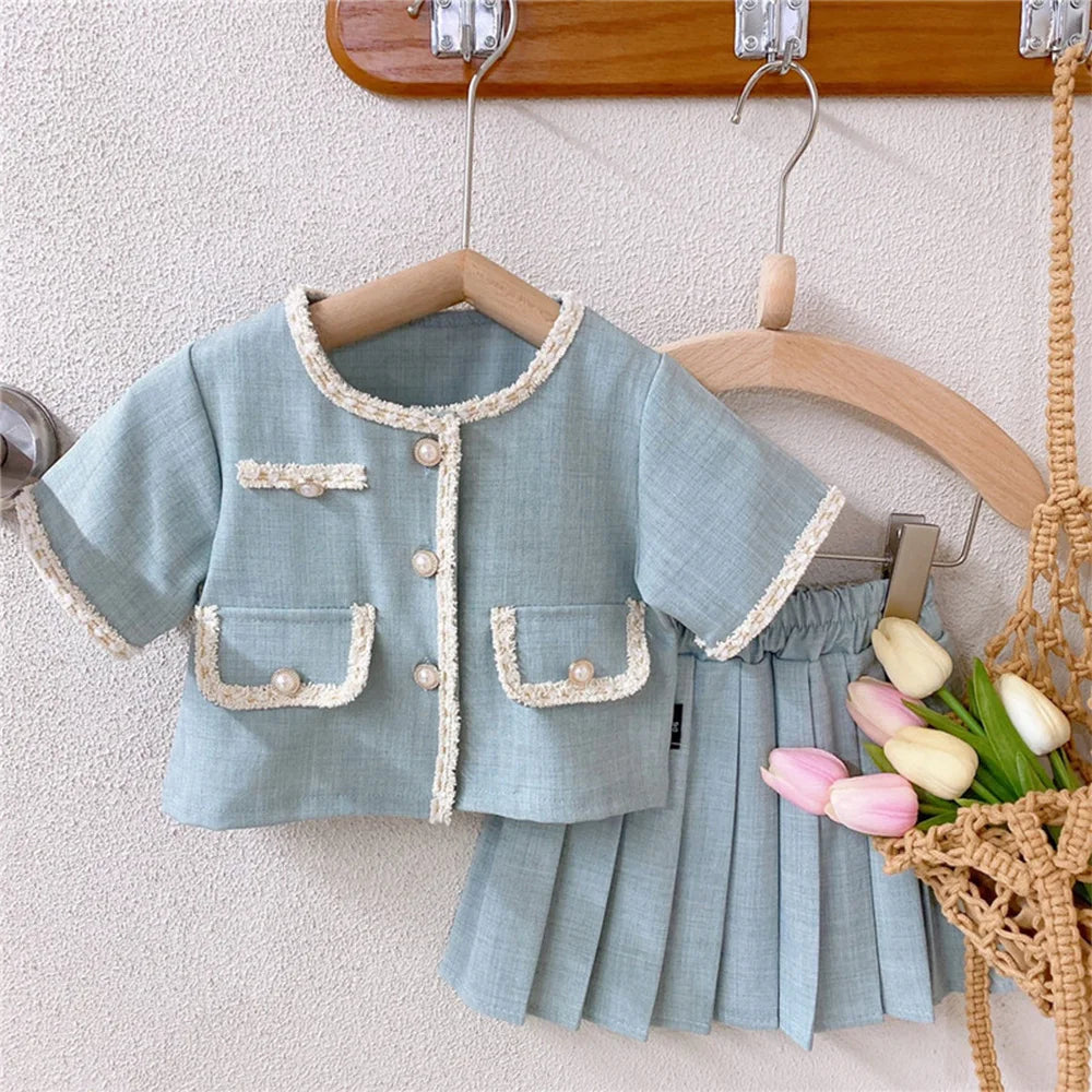 Kids Clothes Girls Single Breasted Coat+Pleated Skirt 2pcs Summer Girls Clothing Sets Kids Clothes Baby Tracksuit Suit Outfits