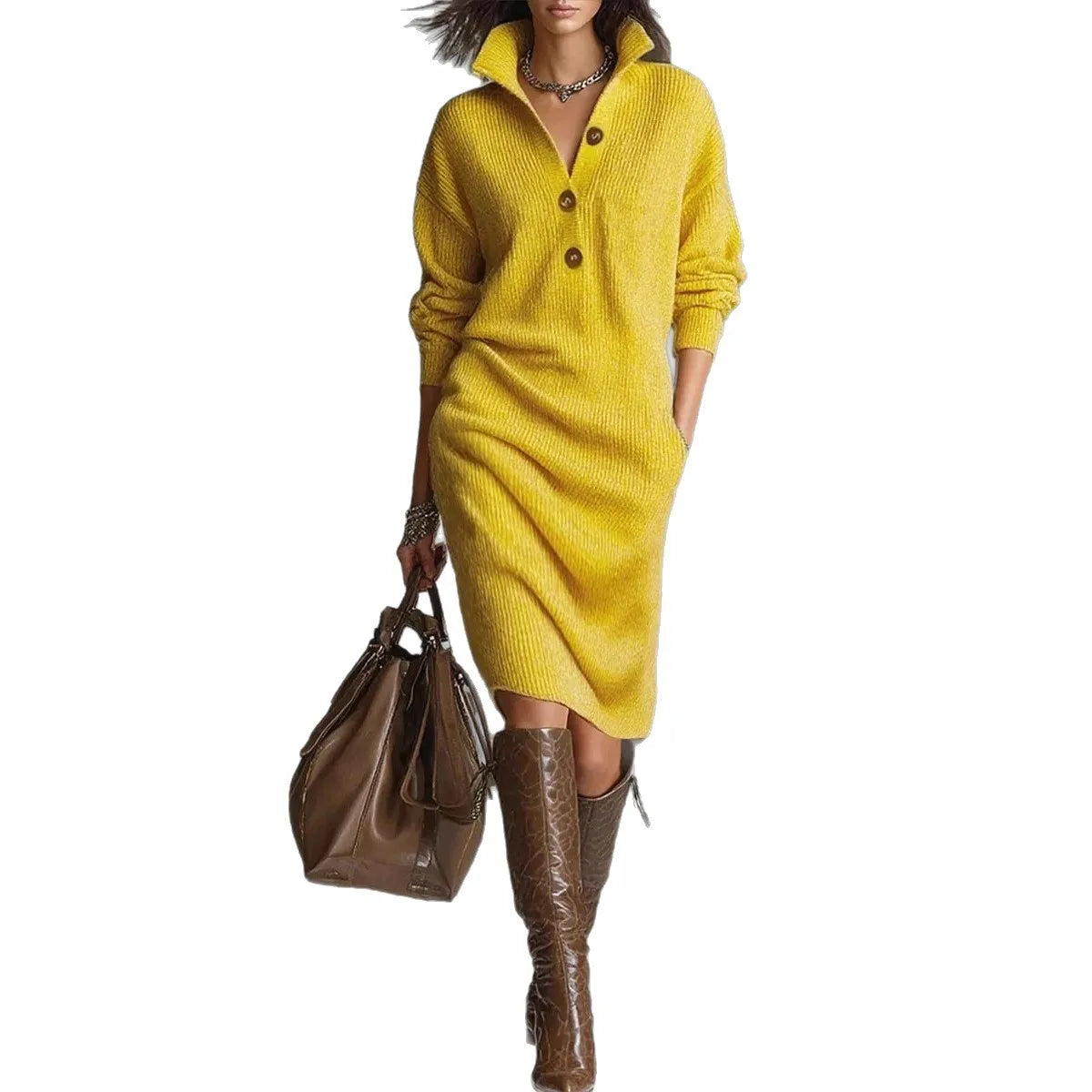 Sweater Knitted Dress Fashion Autumn Winter Casual Knitted Vestidos Single Breasted Turtleneck Robe Femme Fashion Maxi Dresses