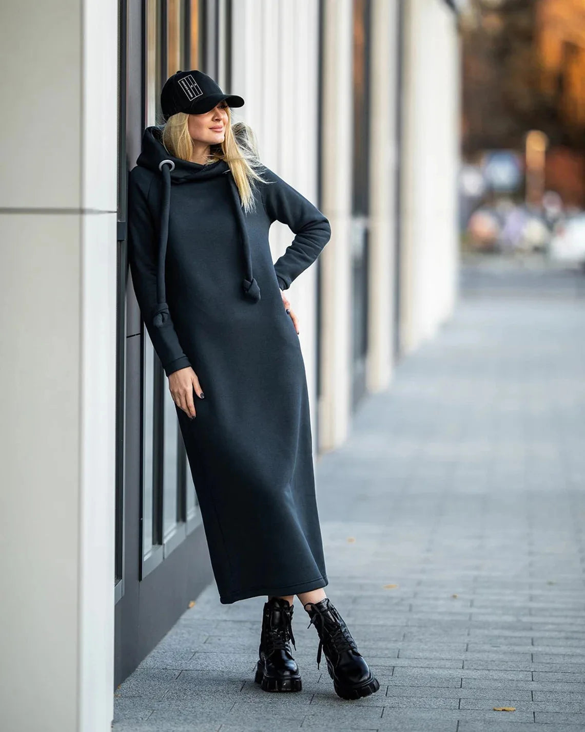 Women Fashion New Loose Large Knitted Hooded Autumn Winter Long Dress Velvet Hoodie Dress Casual Dress Splicing Warm Dress