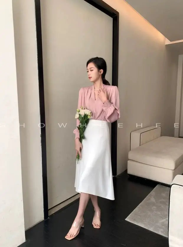 Women Clothing Fashion Loose V-Neck Chiffon Top Spring Autumn Elegant Long Sleeve Blouse Office Lady Simplicity Cozy Solid Shirt