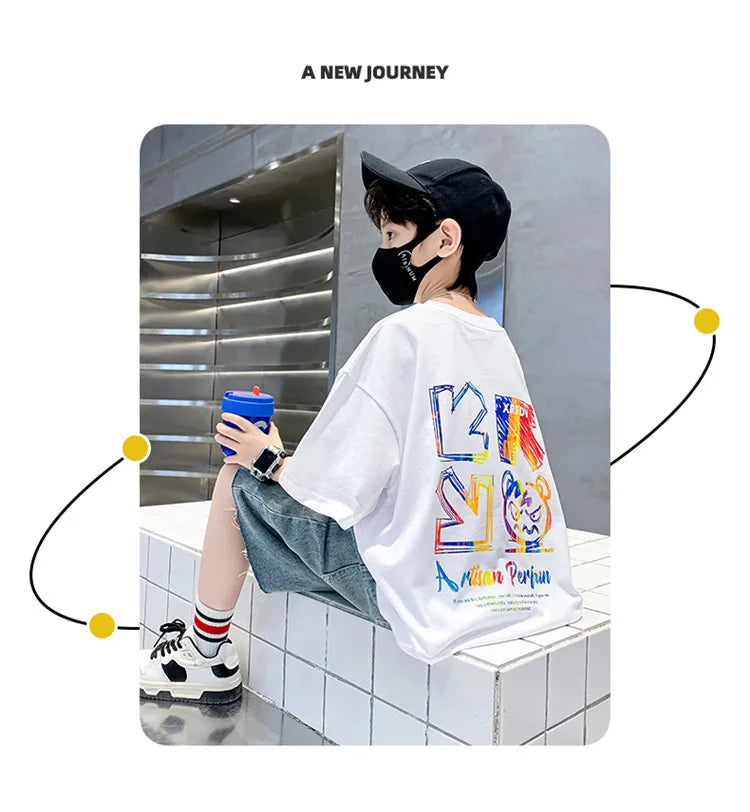 Kids Summer Clothes T-shirt for Boy Short Sleeve Cotton Tshirt Outfits Teenage Children Cartoon Print Clothing Age 5 To 14 Years