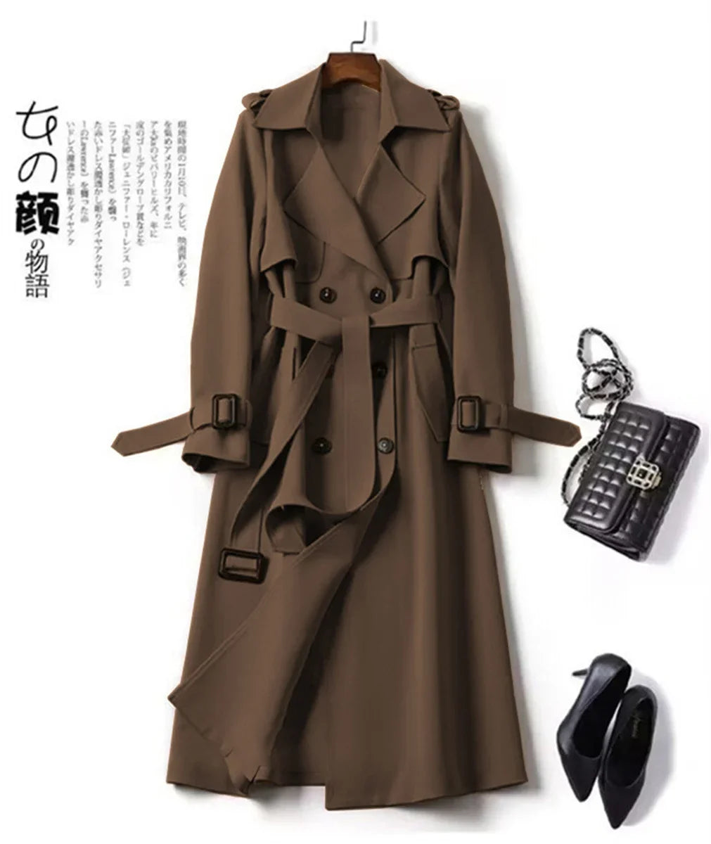 Elegant Women Fashion British Jackets Autumn Winter Widebreaker Streetwear Midi Coats Casual Office Lady Button Slim Chic Coat