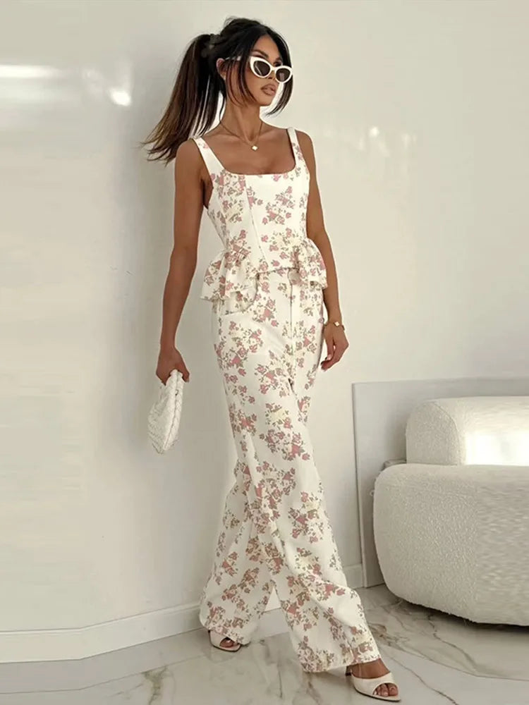 Fashion Women Floral Set Chic Sleeveless Ruffles Square-neck Vest Wide Leg Pant Pockets Casual Summer Office Outfit Commute