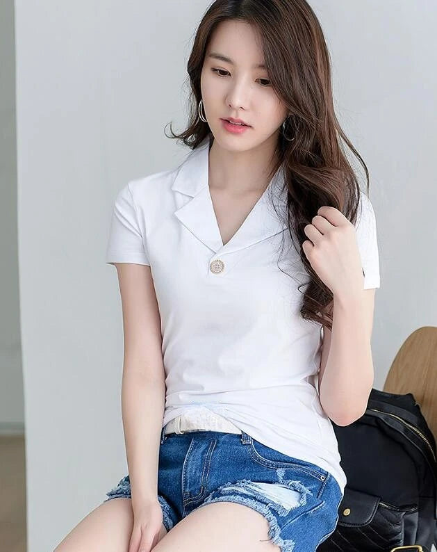 T-shirt Woman Button Tops Short Sleeve Tee Clothing Plain Polo Neck Shirts for Women Trend Luxury Polyester High Quality Sale V