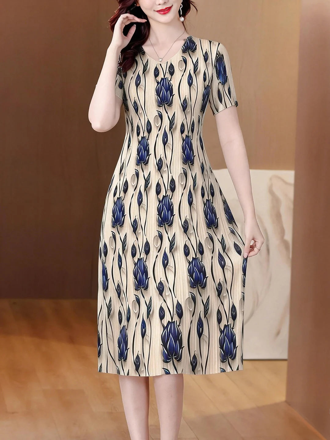 Elegant Pleated Maxi Dress for Women Summer Fashion High Waist A-Line Skirt Short Sleeve round Neck Iron-Free Business Wear
