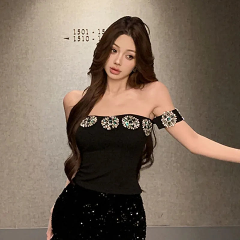 Korean Fashion Clothing Sexy Tanks Women Heavy Diamond 3D Floral Tanks Crop Tops Temperament Tunic Summer Camis 2025 Ropa Mujer