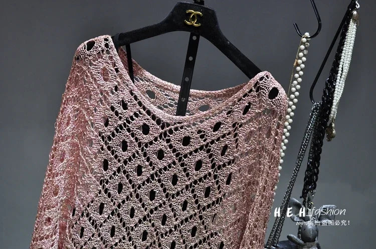 Fall Clothes for Women 2024 Fashion Sexy Sequins Hollow Out Loose Gold Bright Silk Gown Bats Long-sleeved Round Collar Knitting