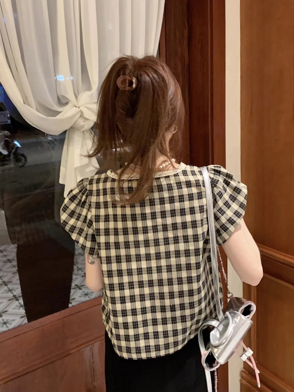 Blouses Women Plaid Vintage Literary Summer Short-sleeve Sweet Crop Tops Lace-up Aesthetic Prairie Chic Students French Style