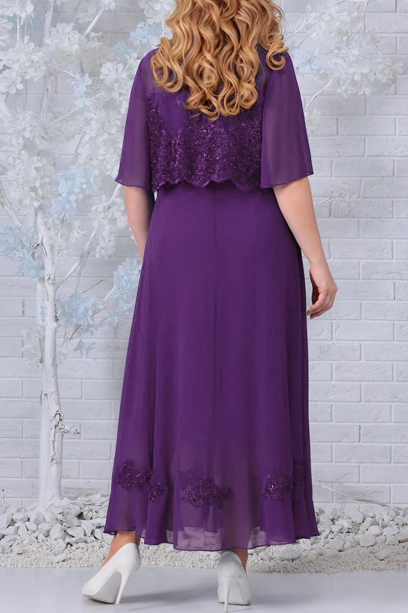 Plus Size Chiffon Half Sleeve Fake Two Pieces Maxi Dresses
