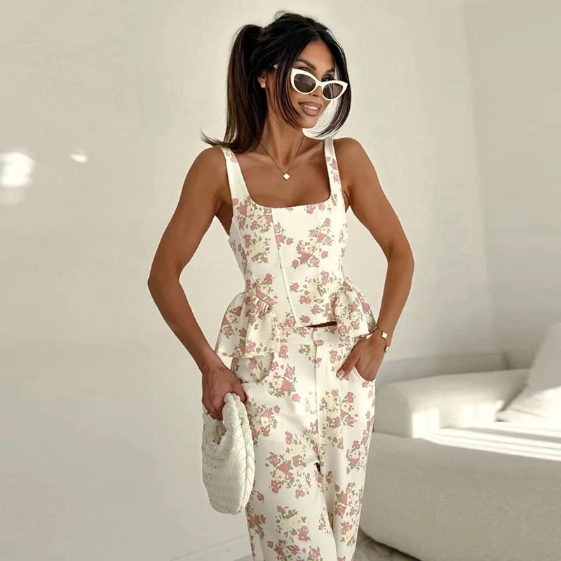 Fashion Women Floral Set Chic Sleeveless Ruffles Square-neck Vest Wide Leg Pant Pockets Casual Summer Office Outfit Commute