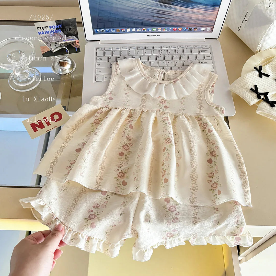 Two-Piece Set Sleeveless Princess Dress with Floral Print, Summer Thin Outfit for Baby Girls Baby Girl Cute Floral Skirt