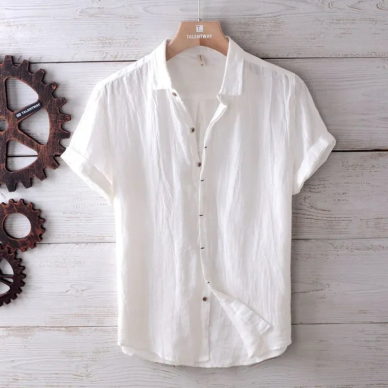 Linen Short Sleeved Shirt for Men, Trendy Japanese Retro Solid Color Summer Thin Casual Loose Cool Shirt Top
