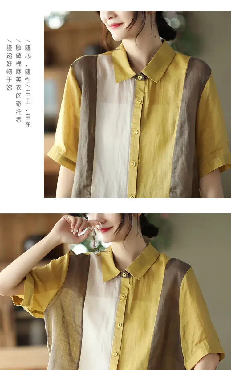 Cotton and Linen Shirt for Women Fashionable and Versatile Cardigan Lapel Top Thin Blouse Patchwork Casual Chic Female Clothes