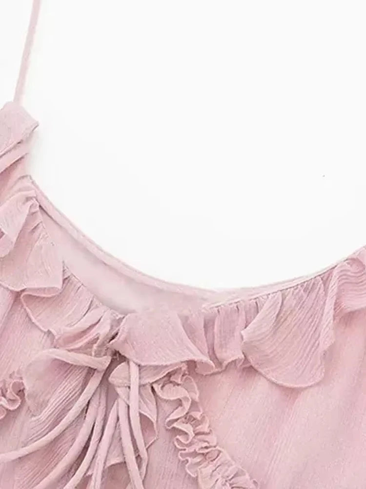 Women Fashion With Ruffled Front Tied Semi-sheer Tank Tops Sexy Backless Thin Straps Female Camis Mujer